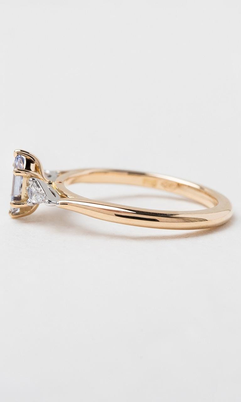 Hogans Family Jewellers 18K YWG Hexagonal Cut Sapphire Trilogy Ring