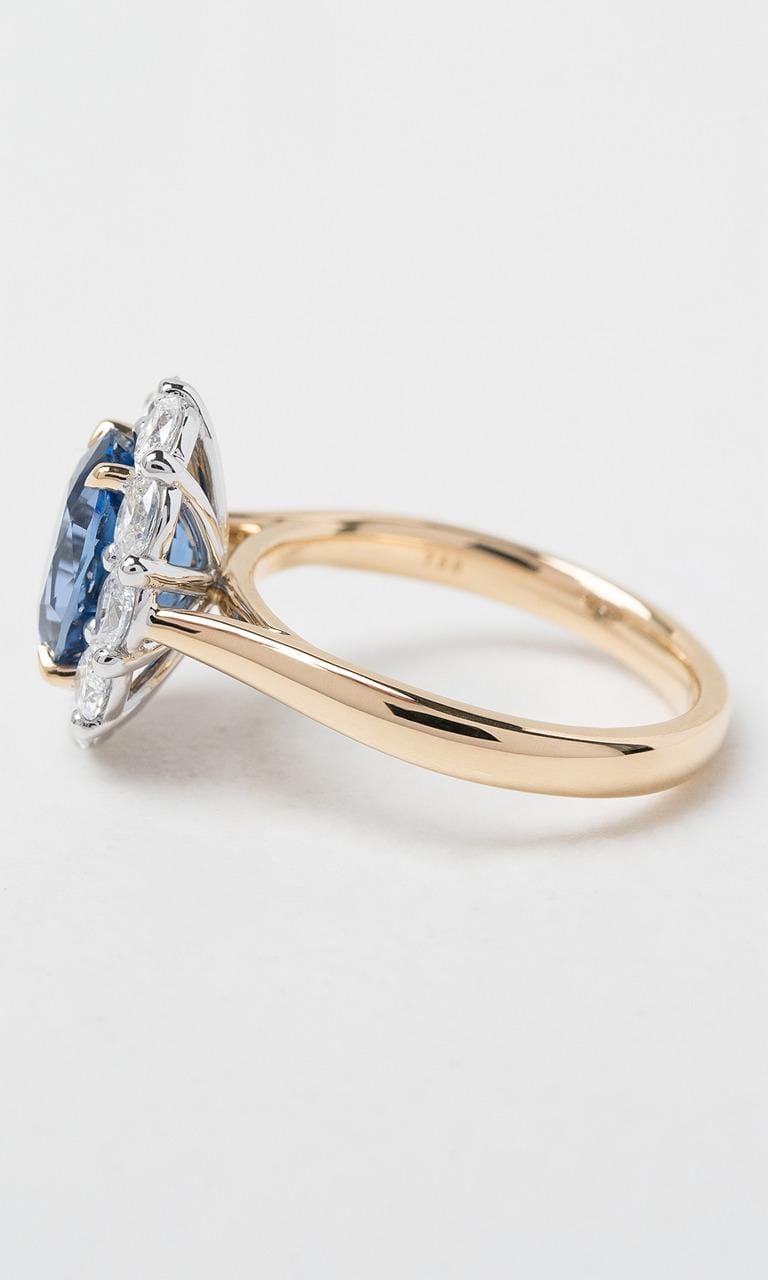 Hogans Family Jewellers 18K YWG Oval Cut Ceylon Sapphire Halo Ring