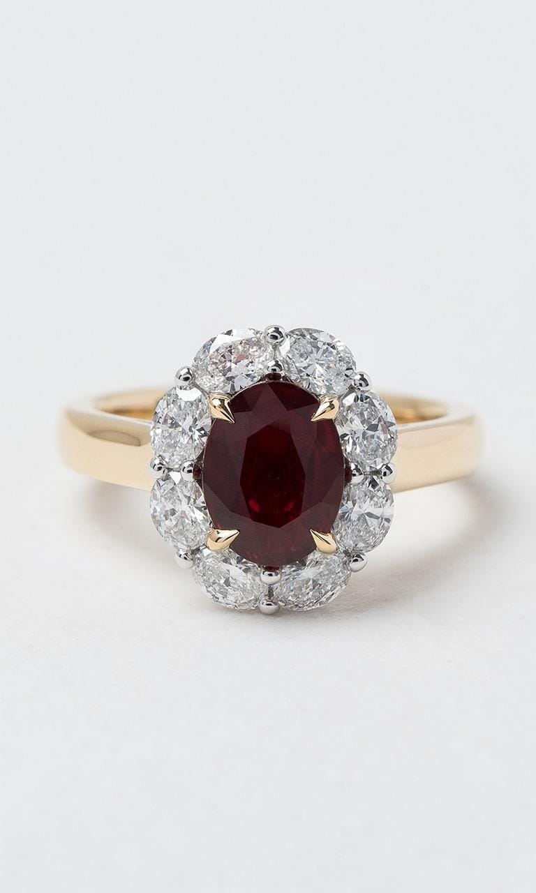 Hogans Family Jewellers 18K YWG Oval Cut Mozambique Ruby Halo Ring