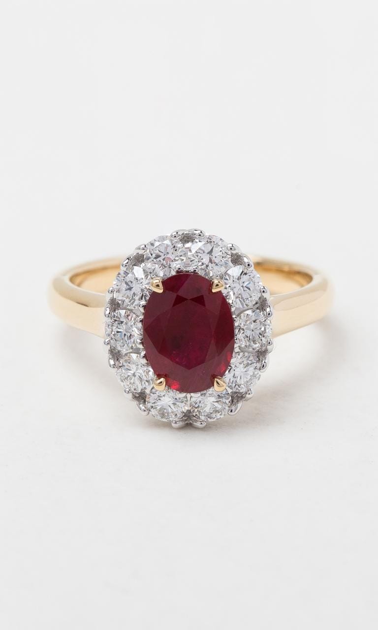 Hogans Family Jewellers 18K YWG Oval Cut Ruby Halo Ring