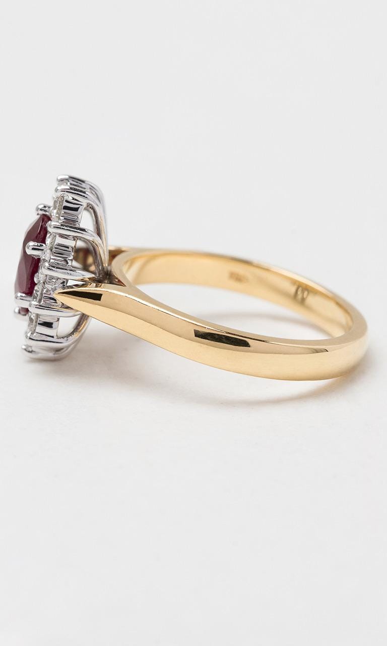 Hogans Family Jewellers 18K YWG Oval Cut Ruby Halo Ring
