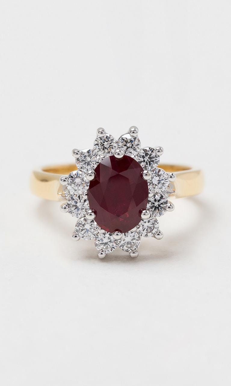 Hogans Family Jewellers 18K YWG Oval Cut Ruby Halo Ring