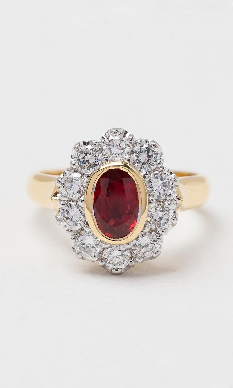 Hogans Family Jewellers 18K YWG Oval Cut Ruby Halo Ring