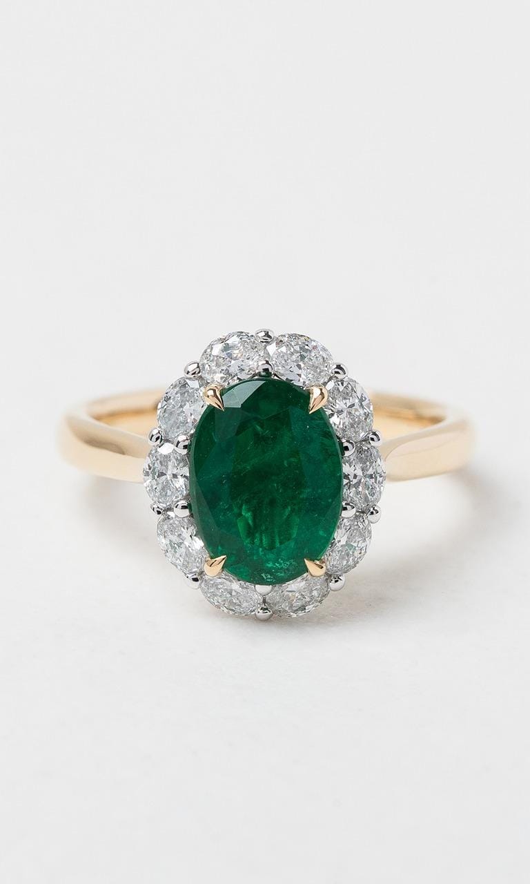 Hogans Family Jewellers 18K YWG Oval Cut Zambian Emerald Halo Dress Ring