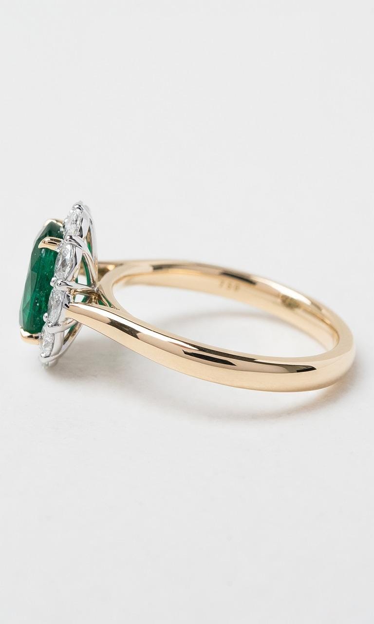 Hogans Family Jewellers 18K YWG Oval Cut Zambian Emerald Halo Dress Ring