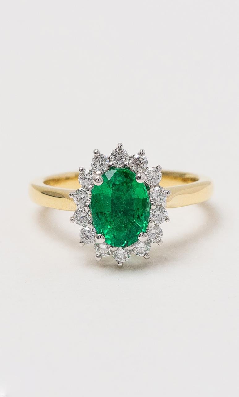 Hogans Family Jewellers 18K YWG Oval Emerald Cluster Ring