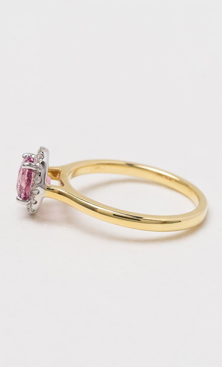 Hogans Family Jewellers 18K YWG Padparadscha Sapphire & Diamond Halo Ring