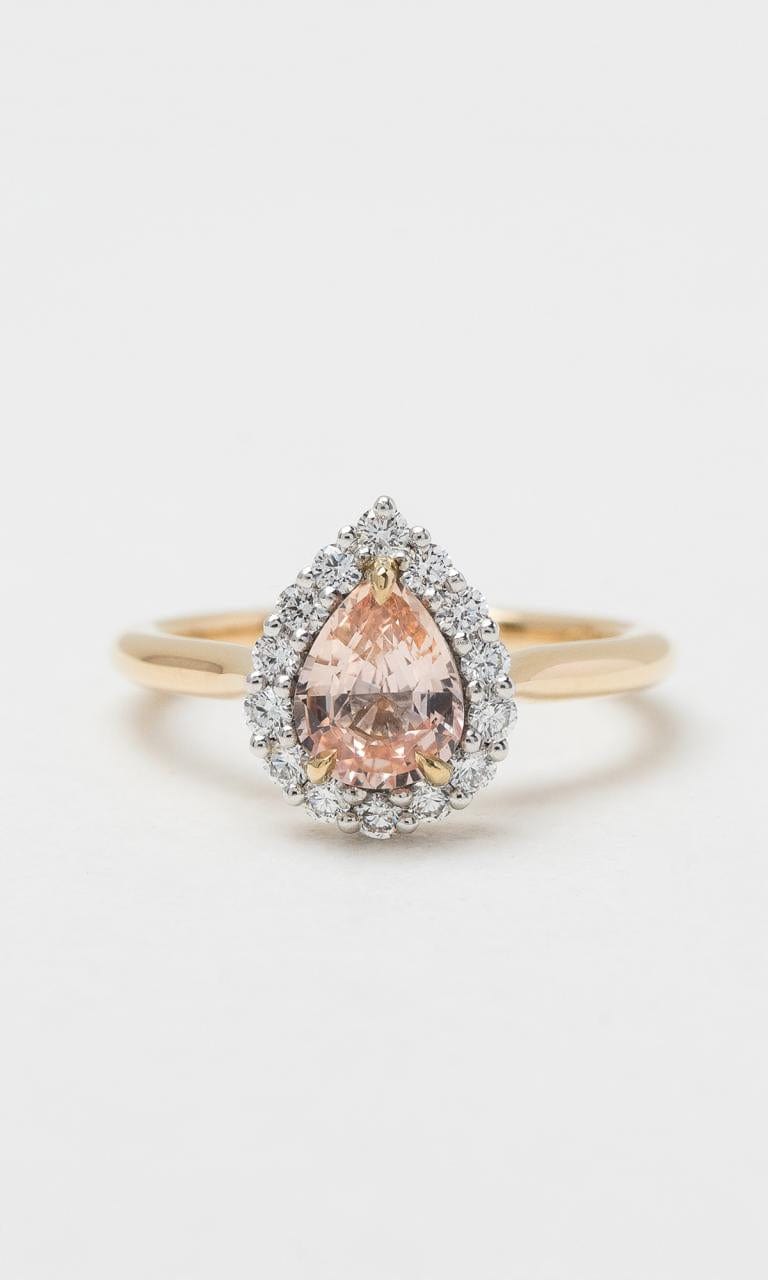 Hogans Family Jewellers 18K YWG Pear Cut Padparadscha Sapphire Halo Ring