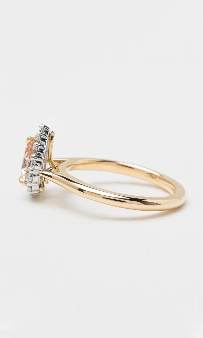 Hogans Family Jewellers 18K YWG Pear Cut Padparadscha Sapphire Halo Ring