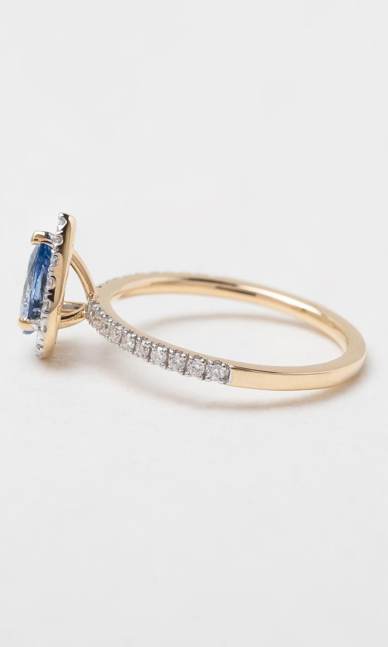 Hogans Family Jewellers 18K YWG Pear Cut Sapphire Halo Ring