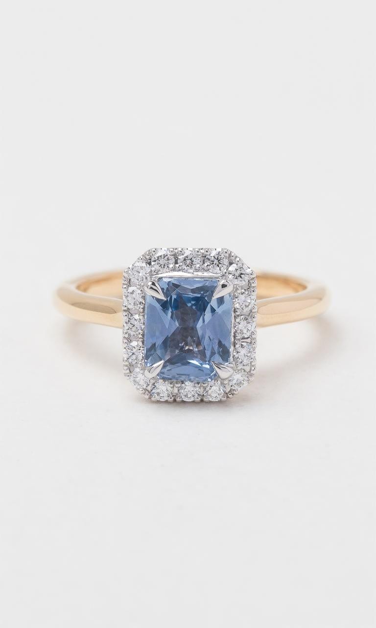 Hogans Family Jewellers 18K YWG Radiant Cut Ceylon Sapphire Halo Ring