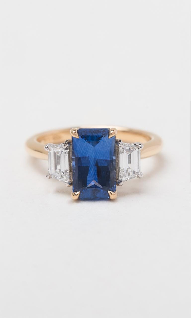 Hogans Family Jewellers 18K YWG Radiant Cut Ceylon Sapphire Trilogy Ring