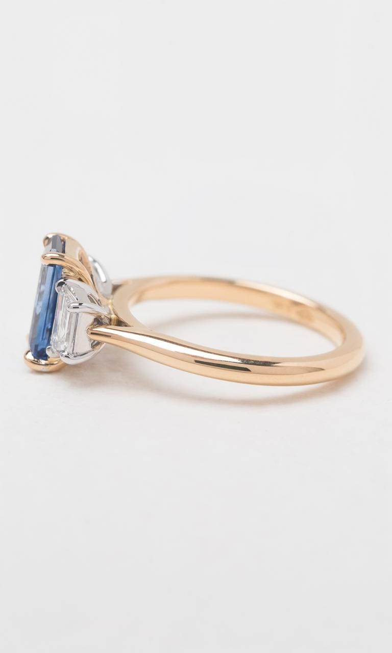 Hogans Family Jewellers 18K YWG Radiant Cut Ceylon Sapphire Trilogy Ring