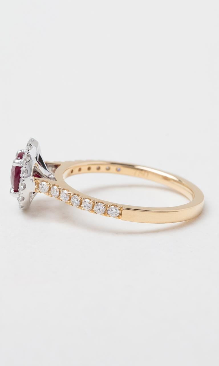Hogans Family Jewellers 18K YWG Round Brilliant Cut Burmese Ruby Halo Ring