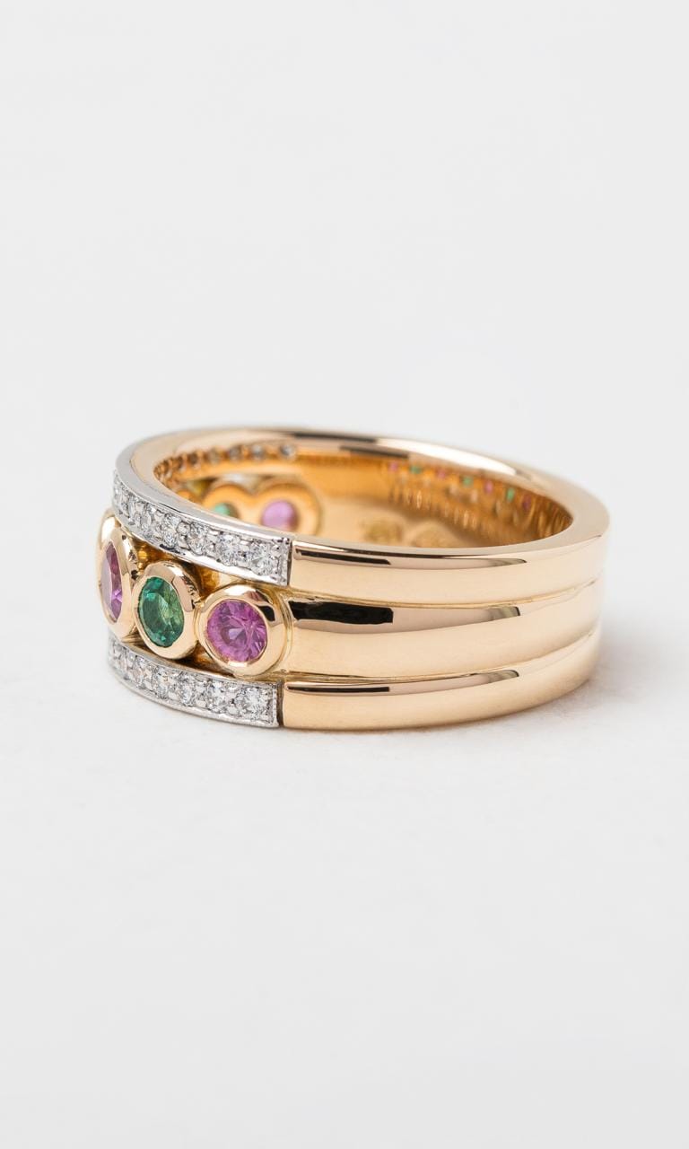 Hogans Family Jewellers 18K YWG Round Brilliant Cut Emerald & Sapphire Wide Dress Ring