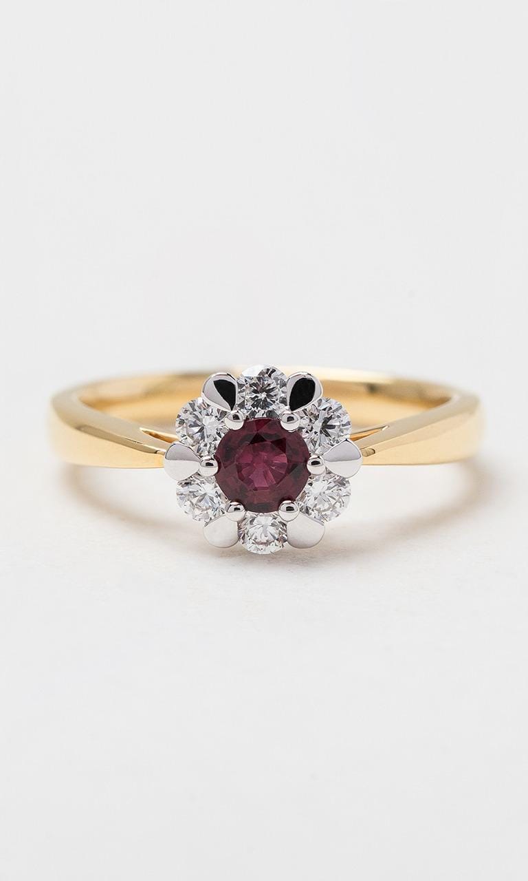Hogans Family Jewellers 18K YWG Round Brilliant Cut Ruby Halo Ring