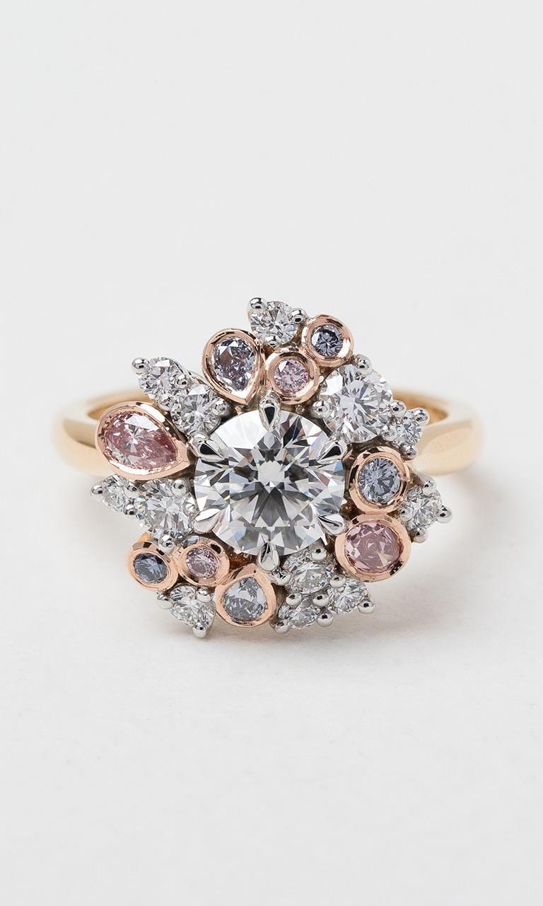 Hogans Family Jewellers 18K YWRG Round Brilliant Cut Decorative Australian Pink & Blue Diamond Cluster Ring