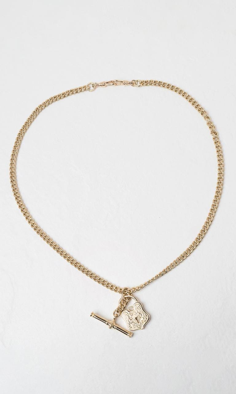 Hogans Family Jewellers 9K YG 50cm Curb Link T-Bar Fob & Padlock Chain Necklace