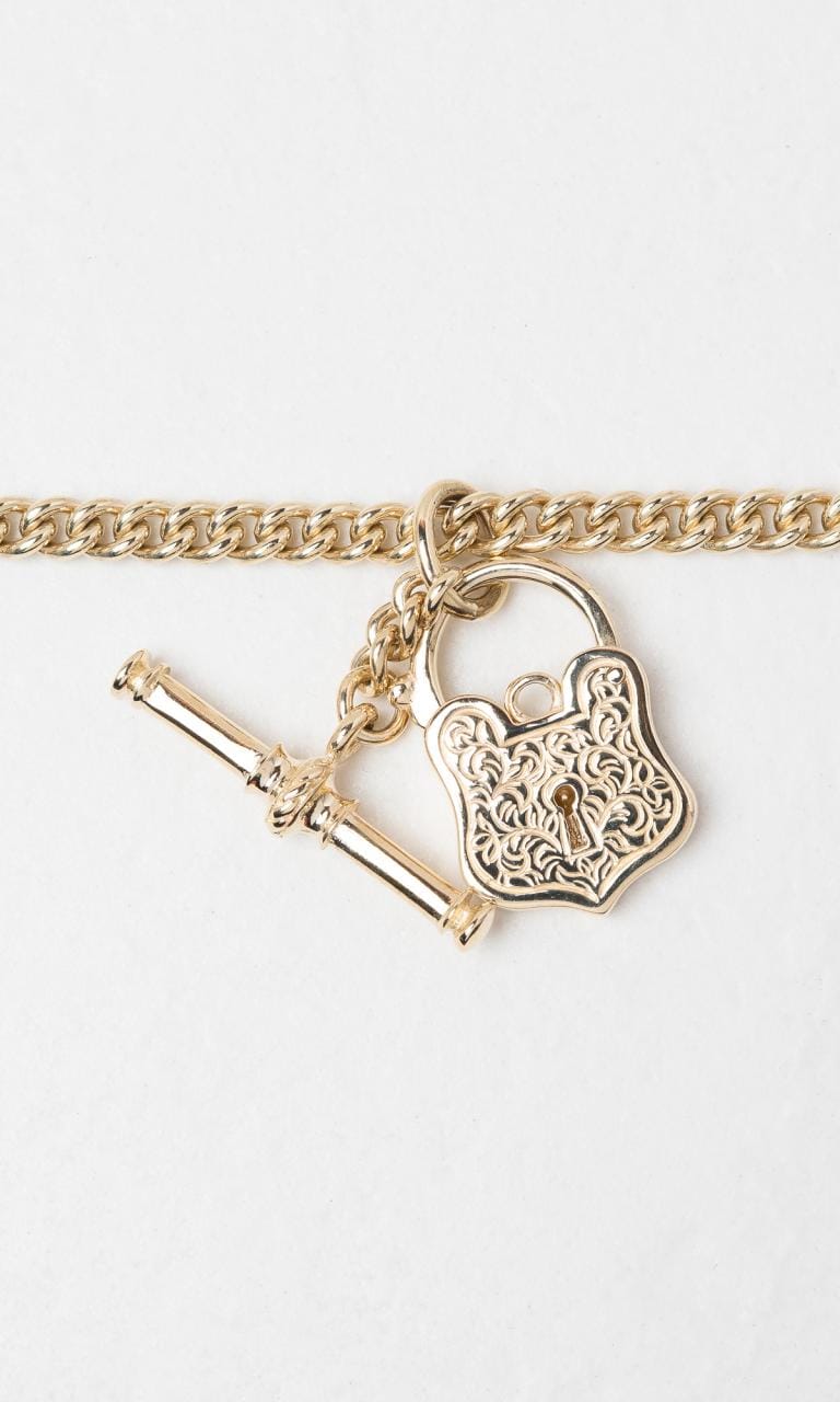 Hogans Family Jewellers 9K YG 50cm Curb Link T-Bar Fob & Padlock Chain Necklace