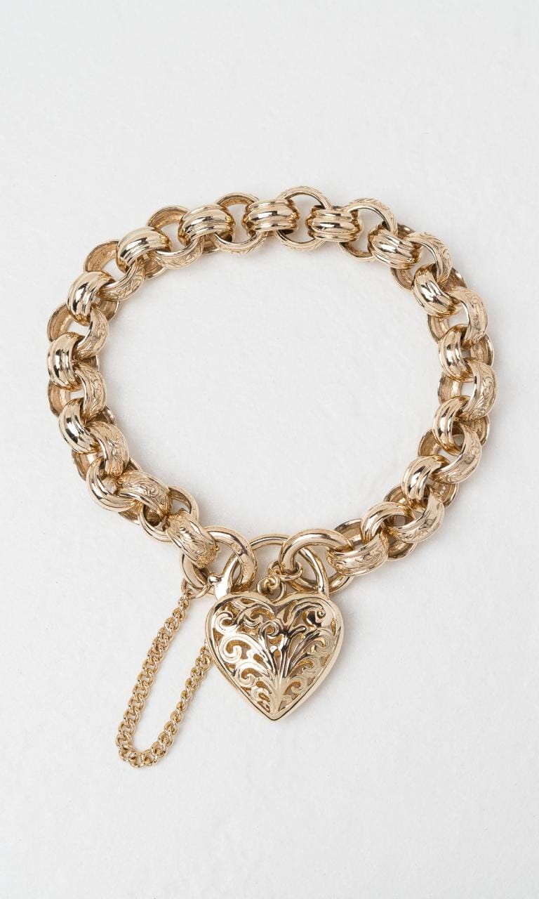 Hogans Family Jewellers 9K YG Belcher Link Filigree Heart Padlock Bracelet
