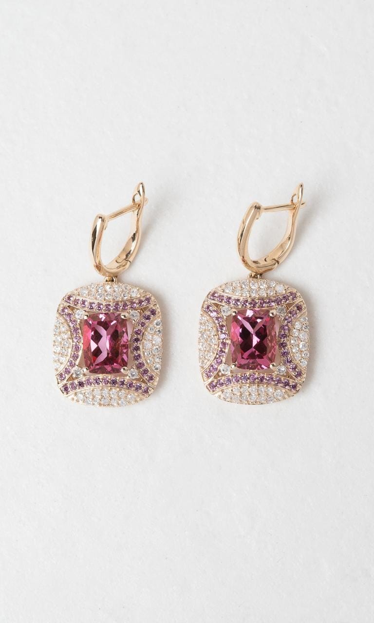 Hogans Family Jewellers 9K YG Cushion Cut Pink Topaz Cluster Drop Earrings