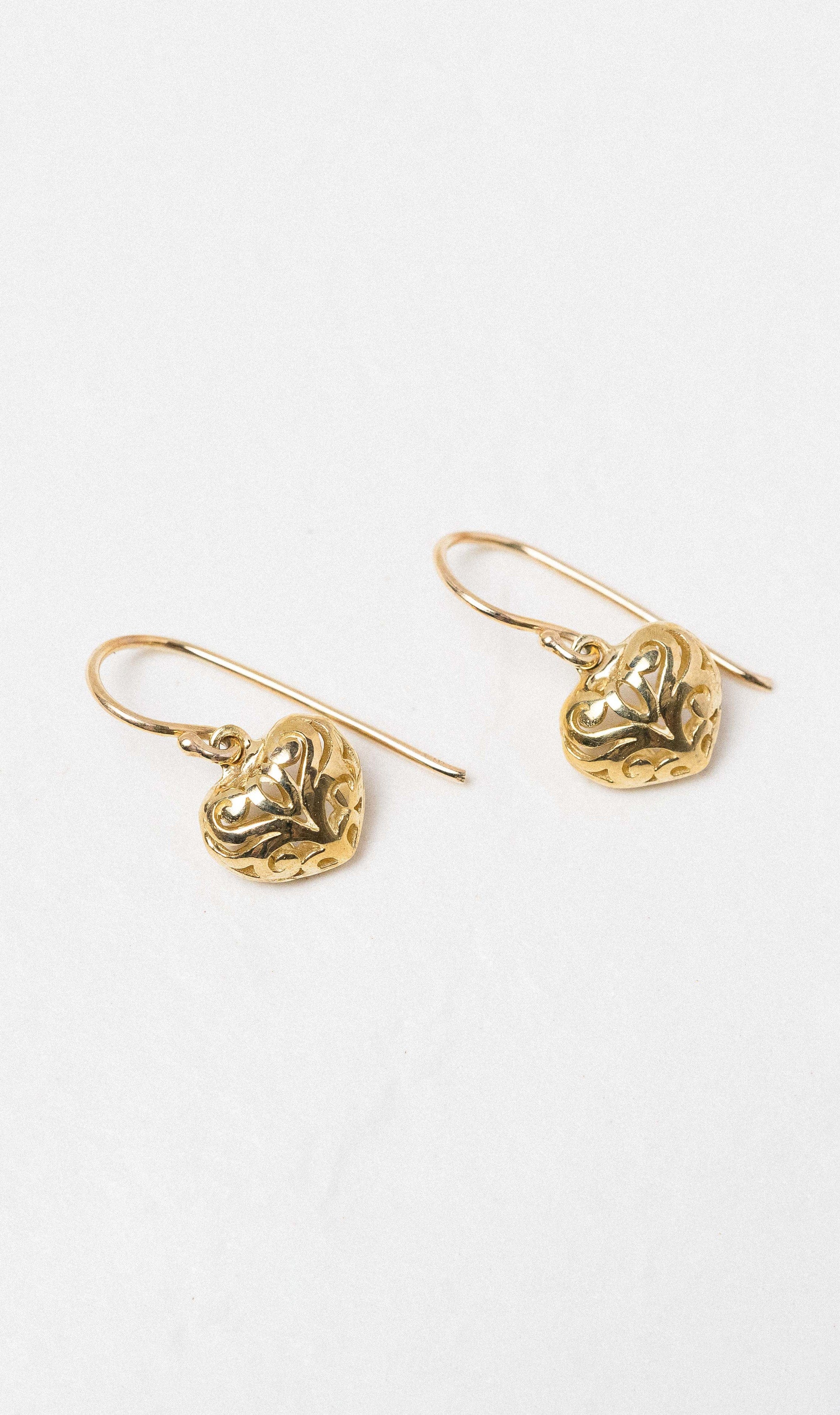 Hogans Family Jewellers 9K YG Heart Filigree Drop Earrings