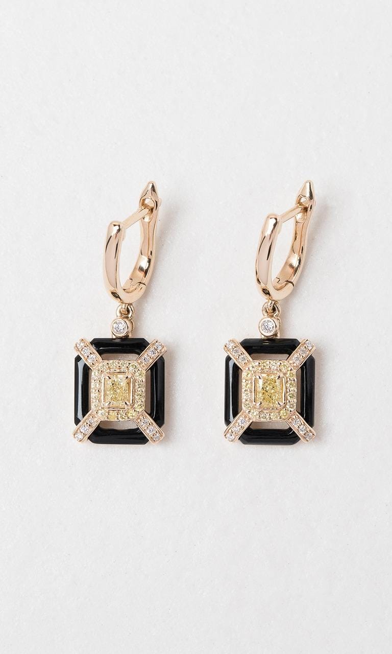 Hogans Family Jewellers 9K YG Octagonal Cut Yellow Diamond & Onyx Drop Earrings