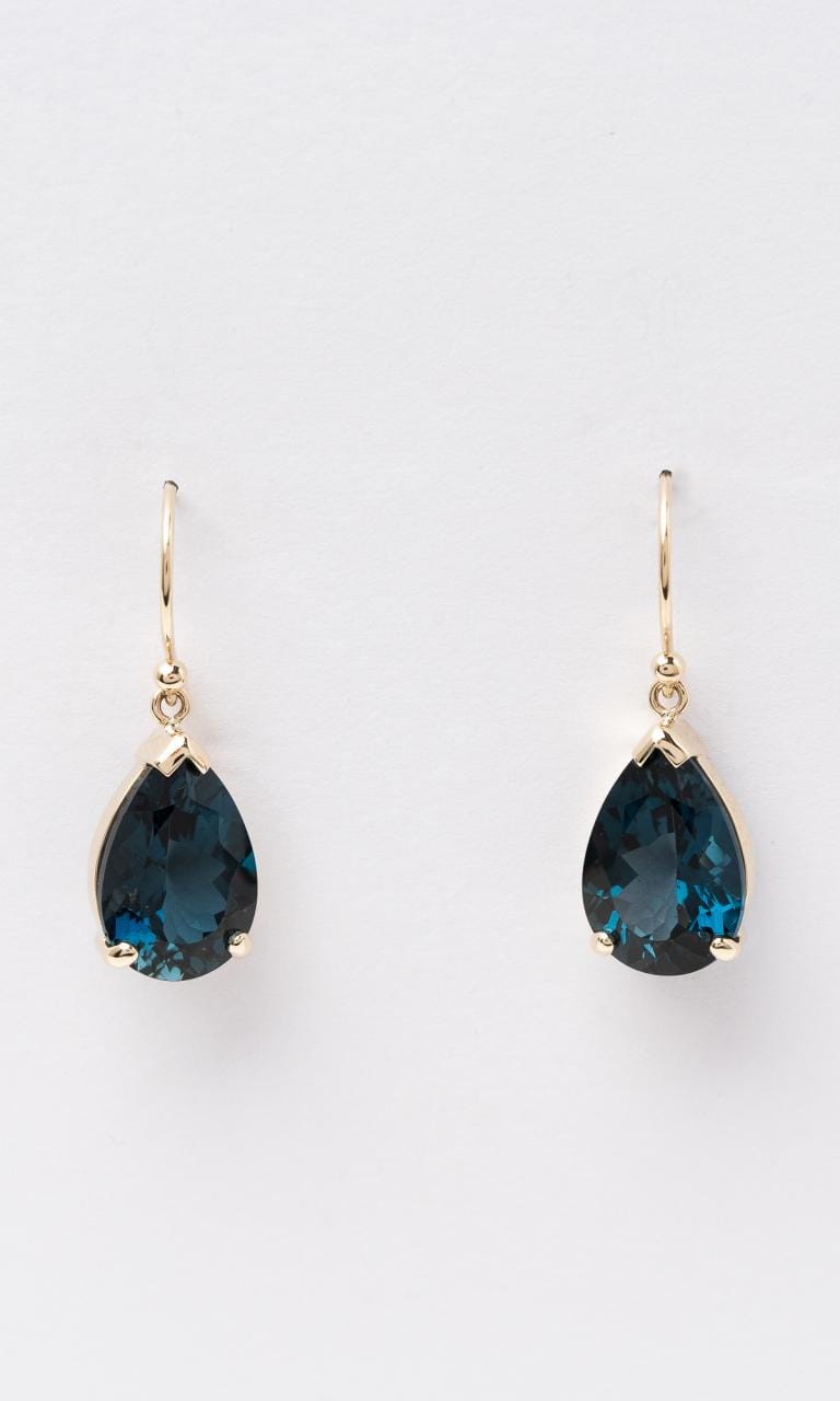Hogans Family Jewellers 9K YG Pear Cut London Blue Topaz Drop Earrings