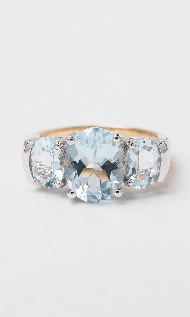 Hogans Family Jewellers 9K YWG Oval Cut Aquamarine Trilogy Dress Ring