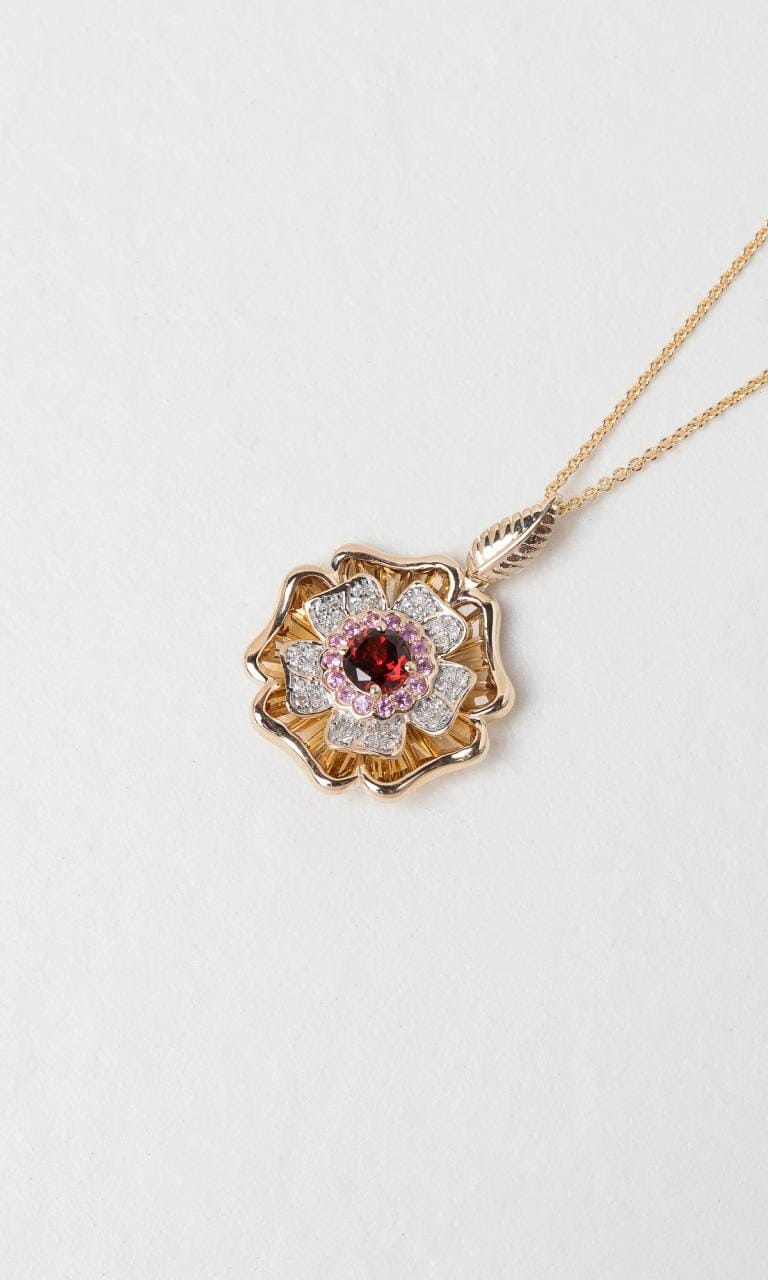Hogans Family Jewellers 9K YWG Round Brilliant Cut Ruby Floral Cluster Pendant
