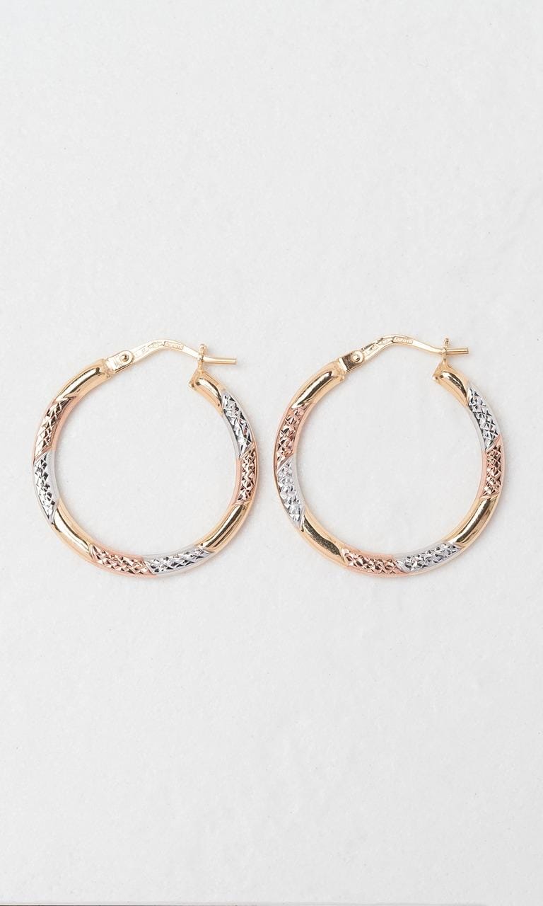 Hogans Family Jewellers 9K YWRG Textured Hoop Earrings