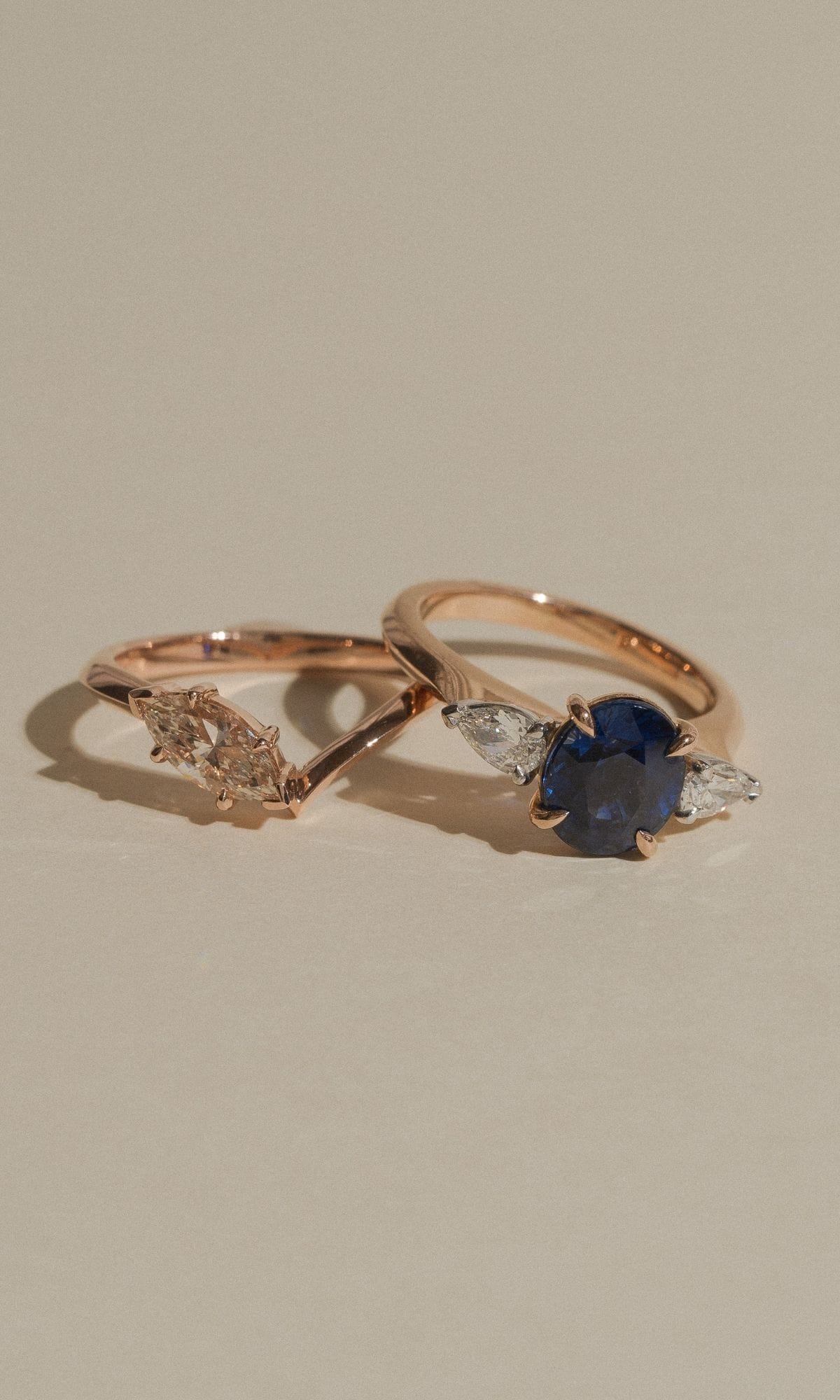 Hogans Family Jewellers Bespoke 18K RWG Ceylon Sapphire & Diamond Trilogy Ring & Champagne Diamond Band
