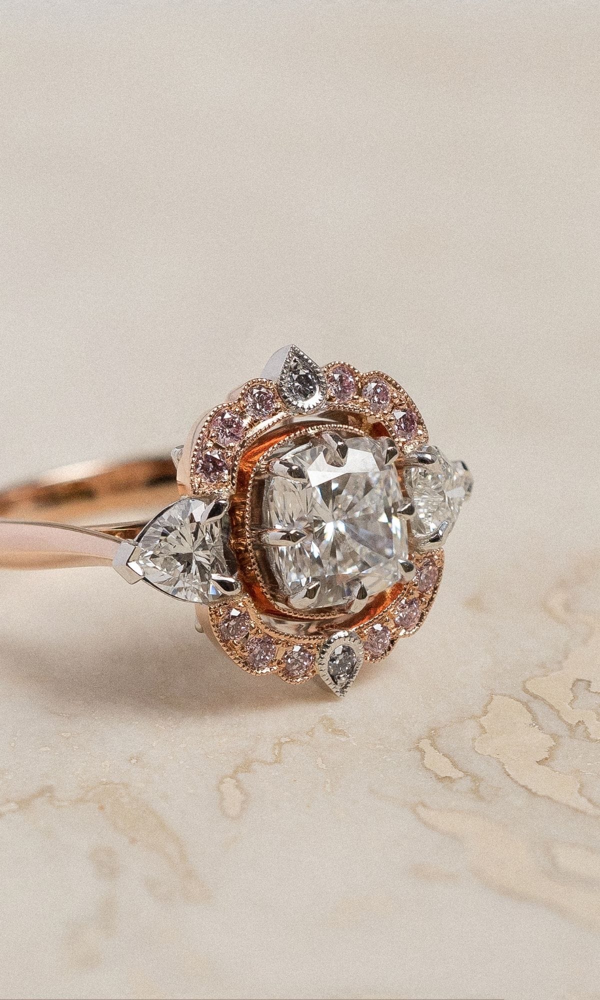 Hogans Family Jewellers Bespoke 18K RWG Cushion Cut Diamond Cluster Ring