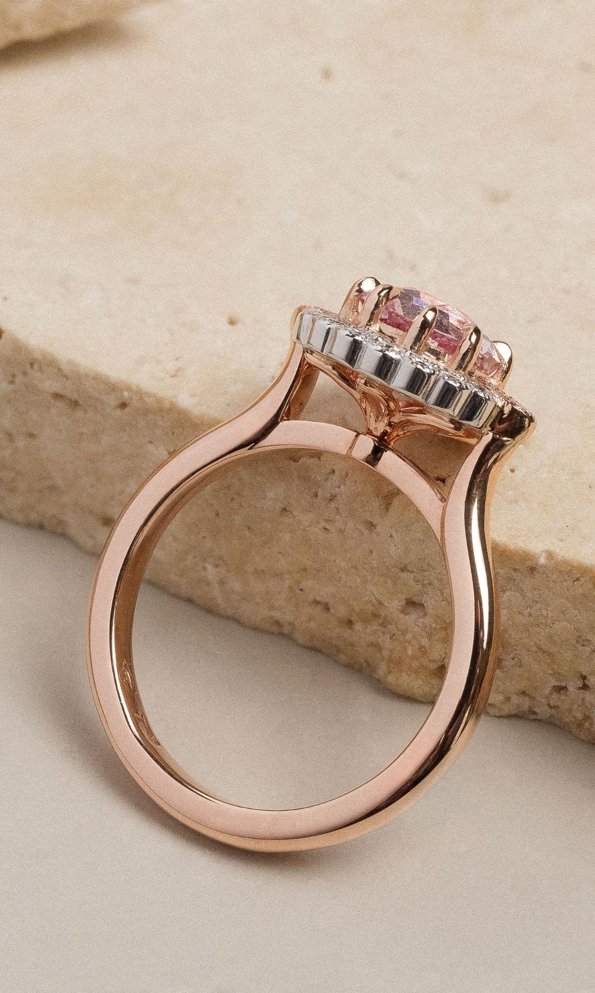 Hogans Family Jewellers Bespoke 18K RWG Padparadscha Sapphire & Australian Pink Diamond Halo Ring