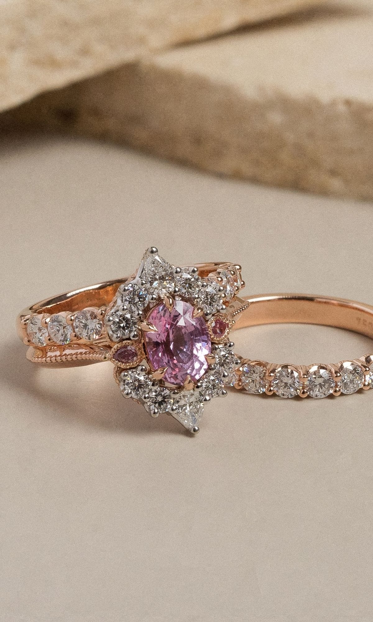 Hogans Family Jewellers Bespoke 18K RWG Padparadscha Sapphire & Diamond Halo Ring & Bands