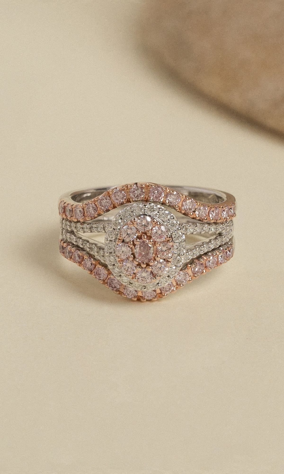 Hogans Family Jewellers Bespoke 18K WRG Australian Pink Diamond Cluster Ring & Bands