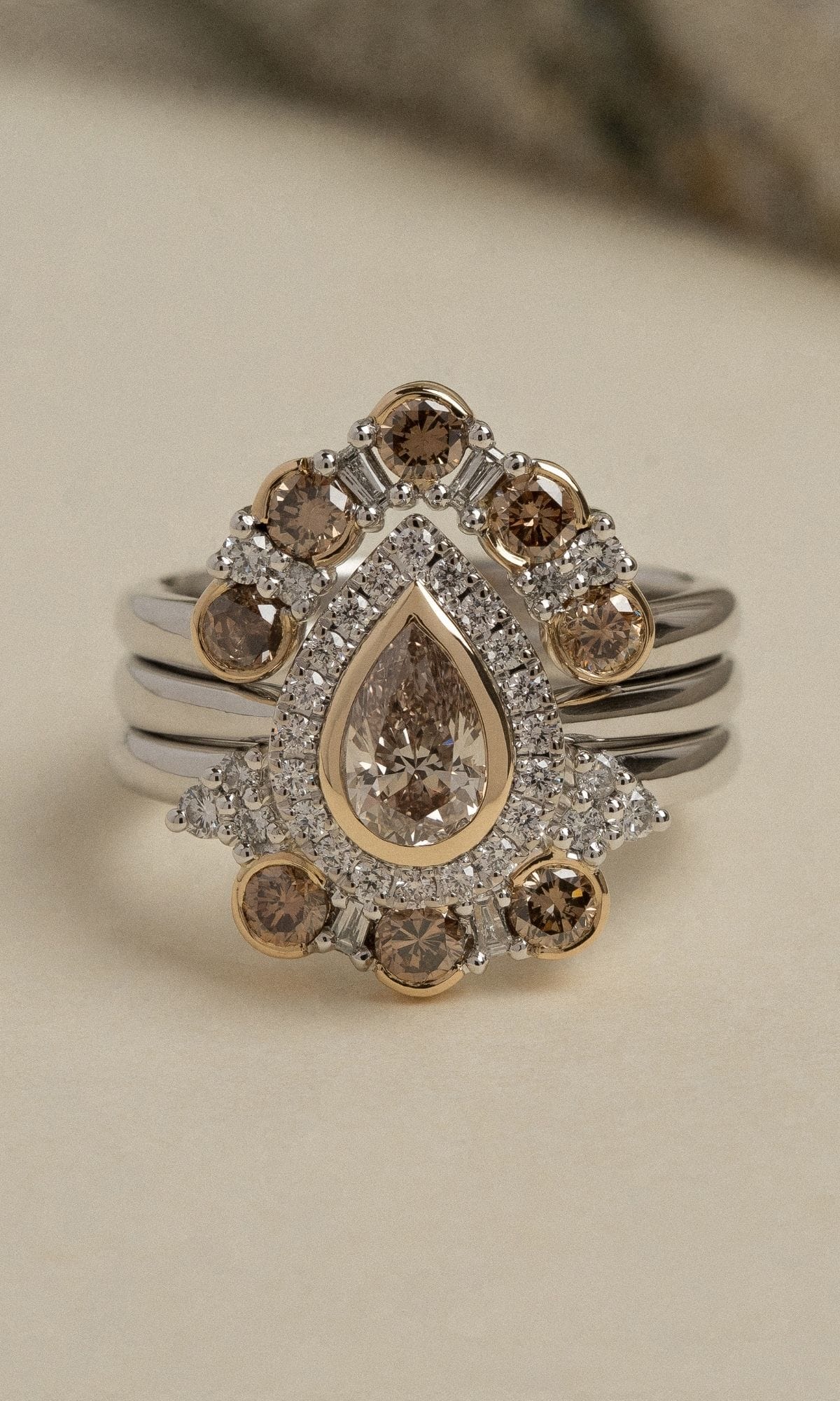 Hogans Family Jewellers Bespoke 18K WYG Champagne Diamond Cluster Ring & Contoured Bands