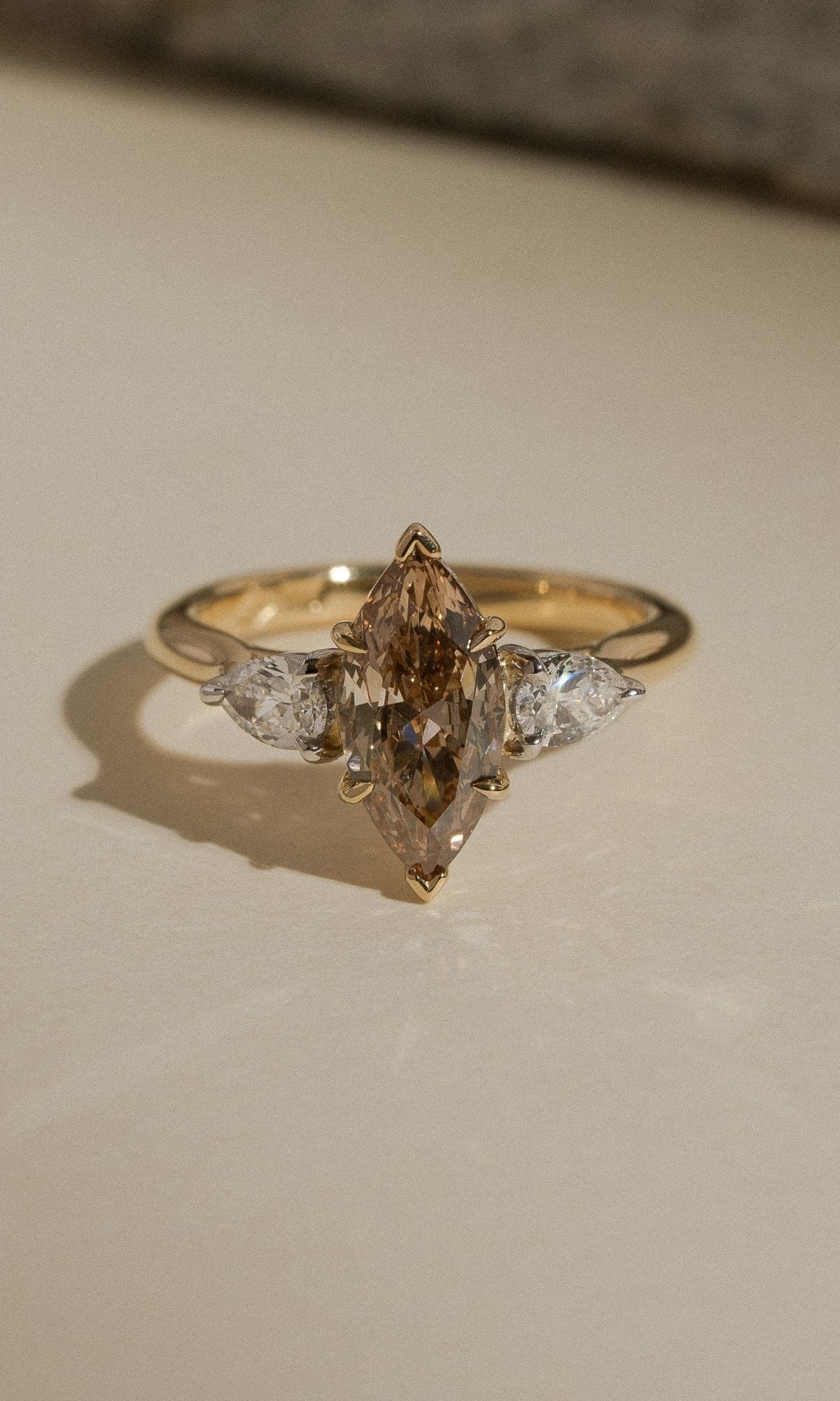 Hogans Family Jewellers Bespoke 18K YWG Champagne Diamond Trilogy Ring