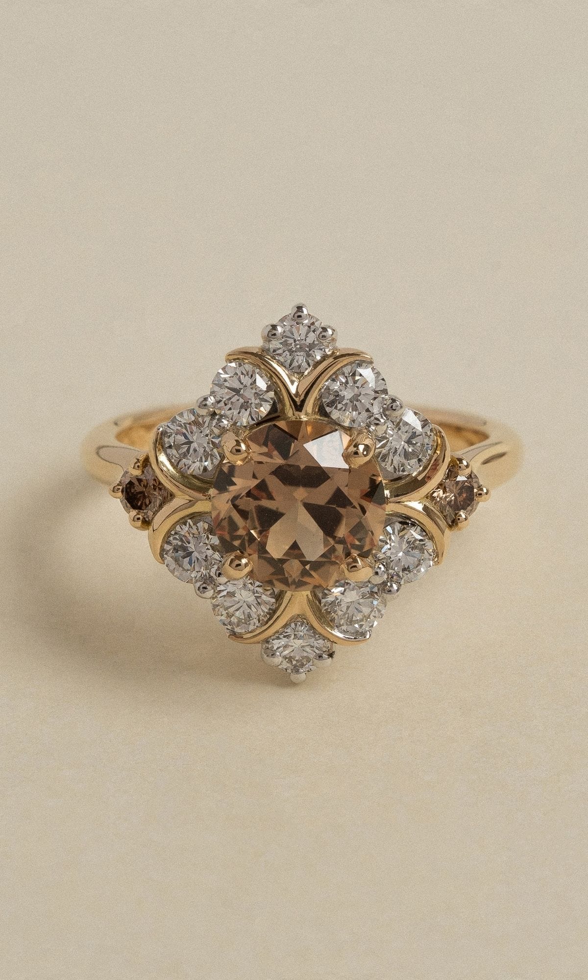 Hogans Family Jewellers Bespoke 18K YWG Champagne & White Diamond Cluster Ring