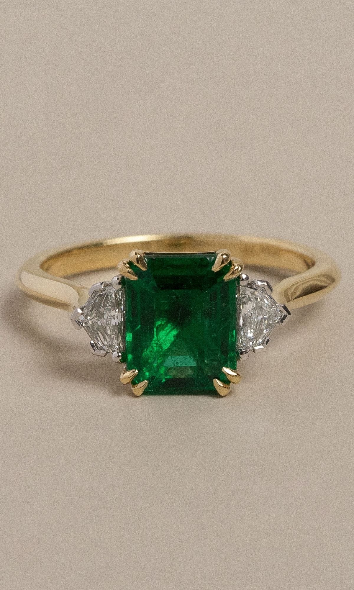 Hogans Family Jewellers Bespoke 18K YWG Emerald & Diamond Trilogy Dress Ring