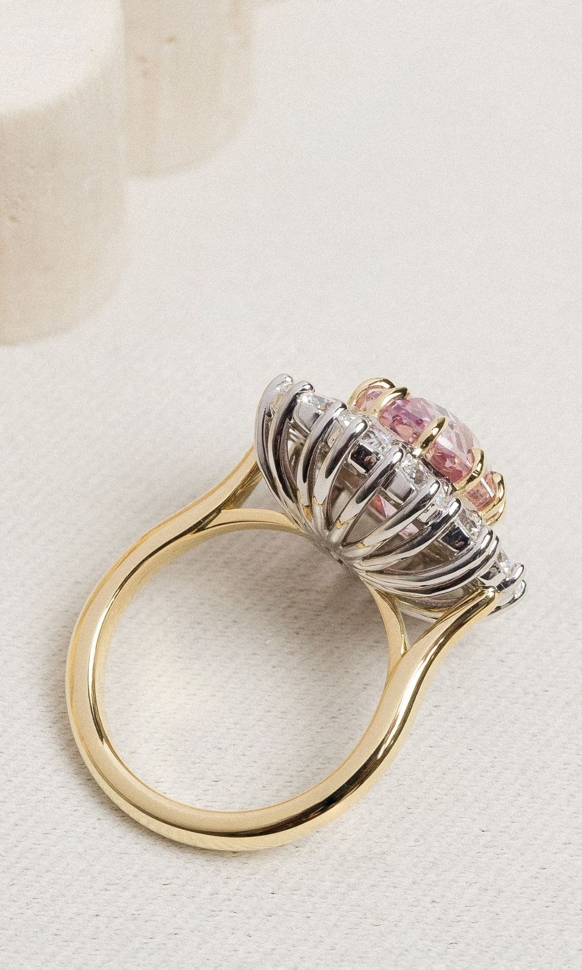 Hogans Family Jewellers Bespoke 18K YWG Padparadscha Sapphire Halo Ring