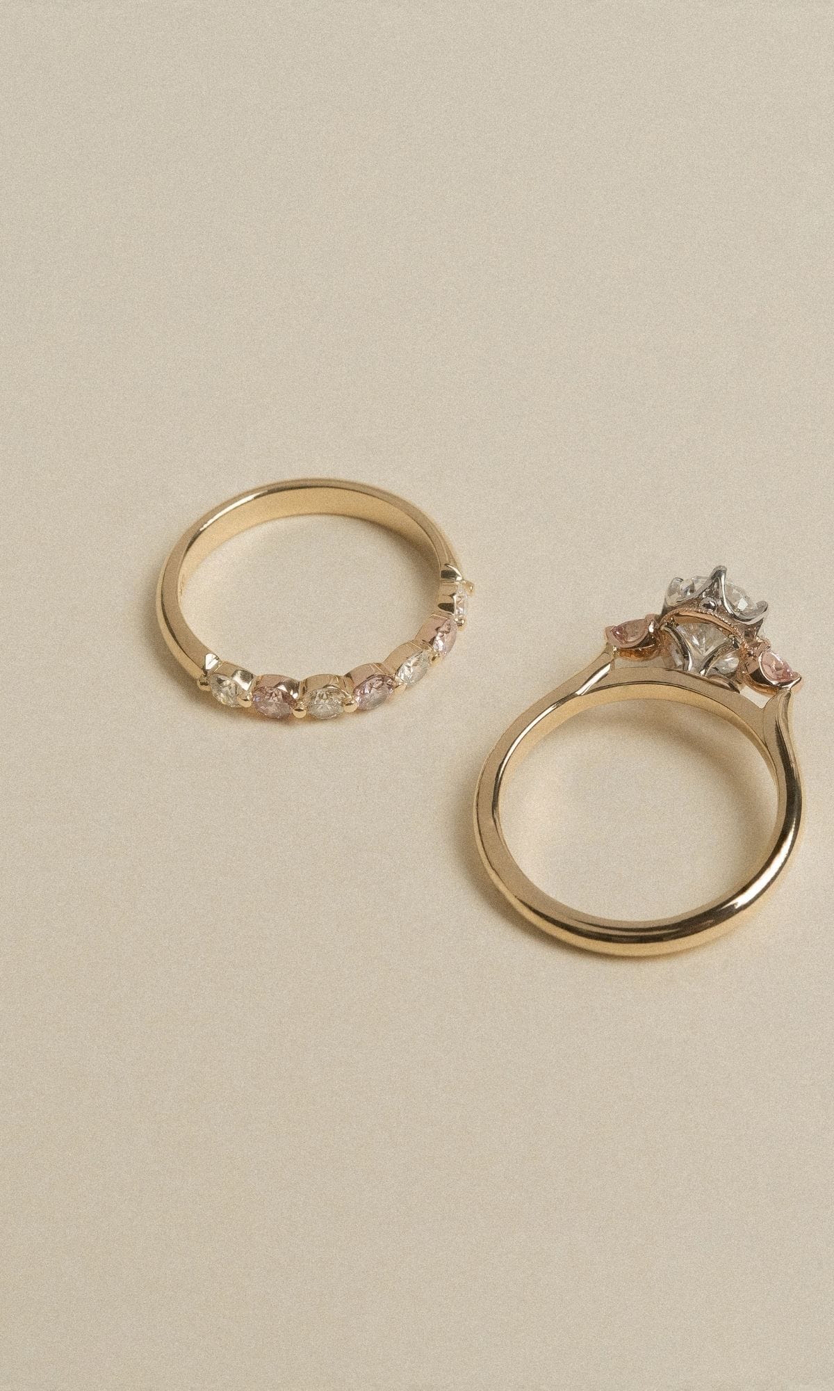 Hogans Family Jewellers Bespoke 18K YWRG Diamond & Australian Pink Diamond Trilogy Ring & Band
