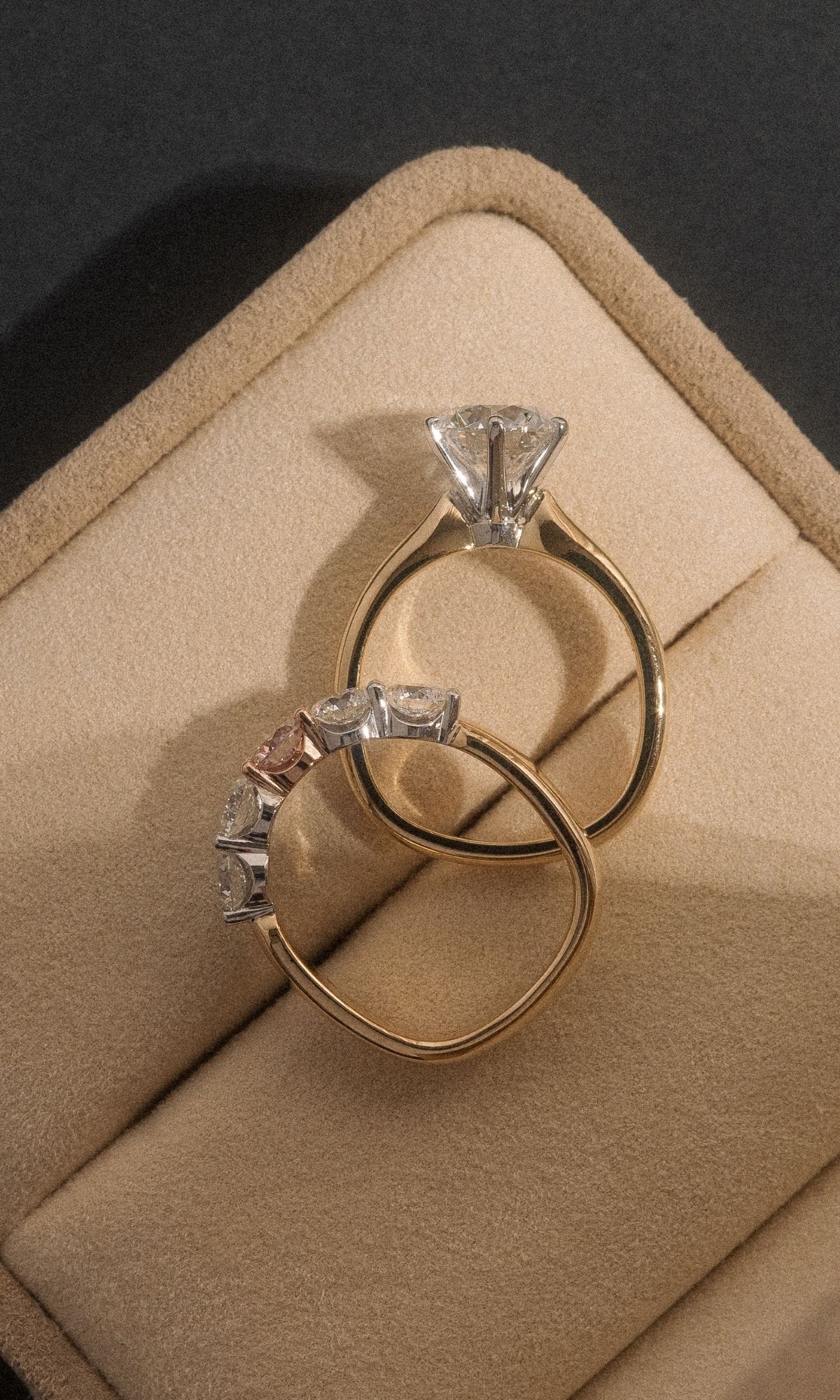 Hogans Family Jewellers Bespoke 18K YWRG Diamond Solitaire Ring & Australian Pink Diamond Band