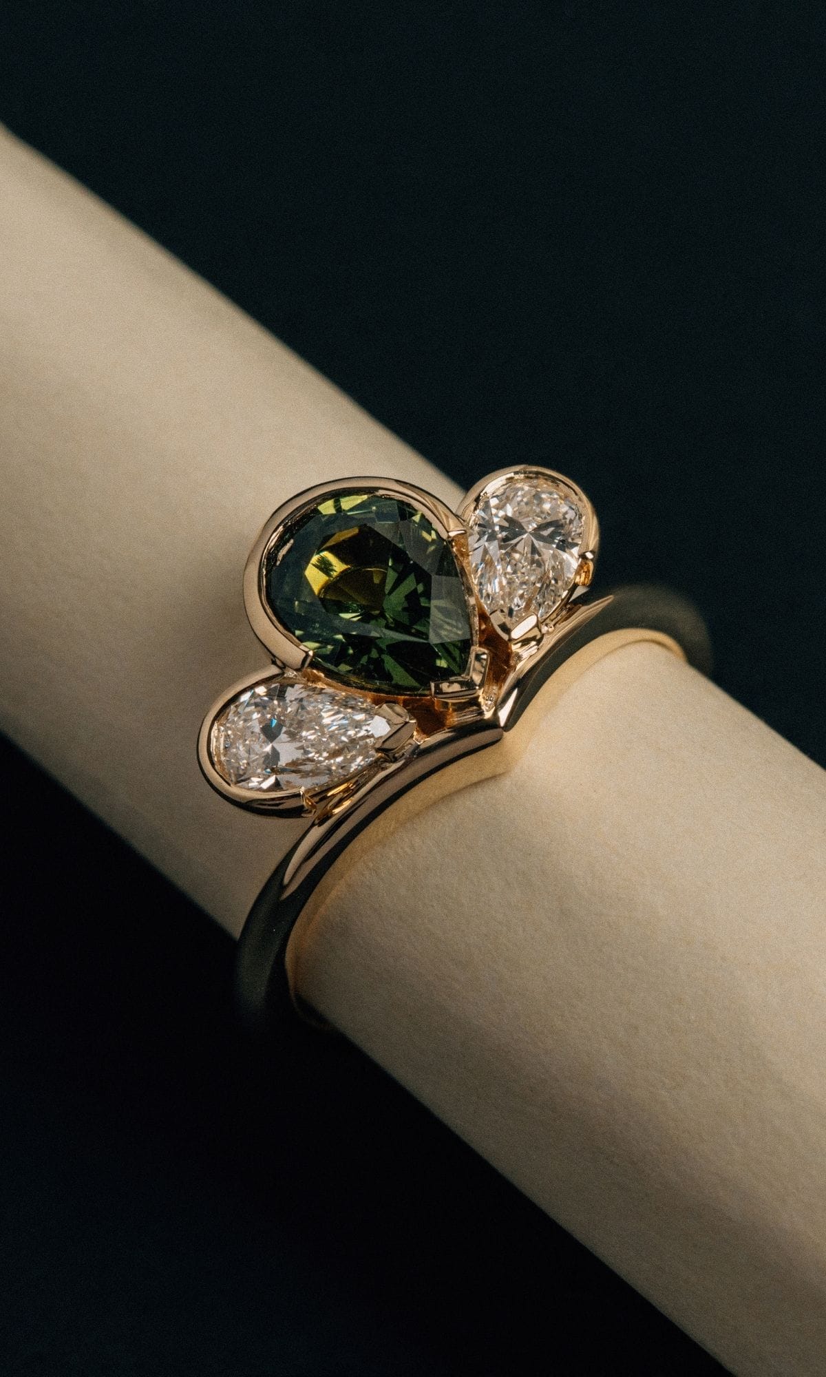 Hogans Family Jewellers Bespoke 9K YG Pear Cut Trilogy Ring
