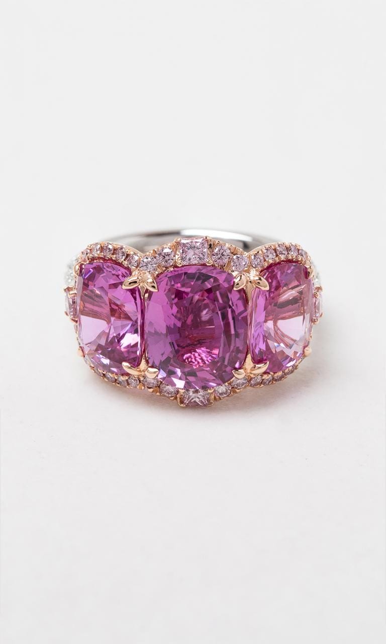 Hogans Family Jewellers Platinum & 18K RG Cushion Cut Pink Sapphire & Australian Pink Diamond Trilogy Dress Ring