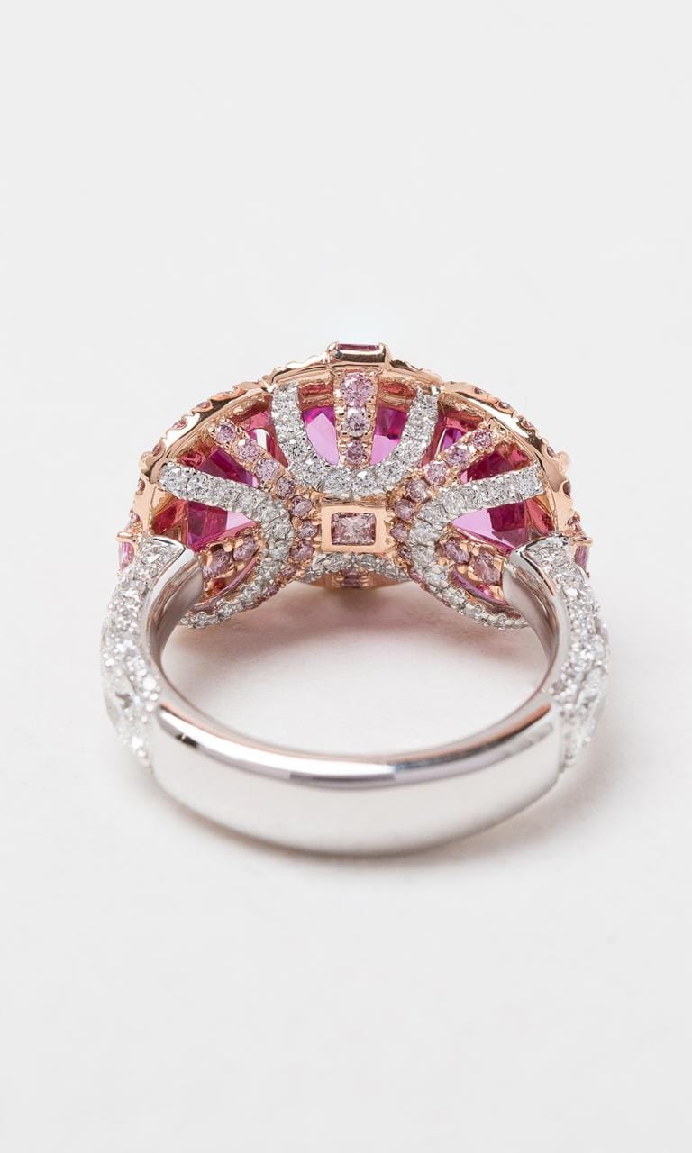 Hogans Family Jewellers Platinum & 18K RG Cushion Cut Pink Sapphire & Australian Pink Diamond Trilogy Dress Ring