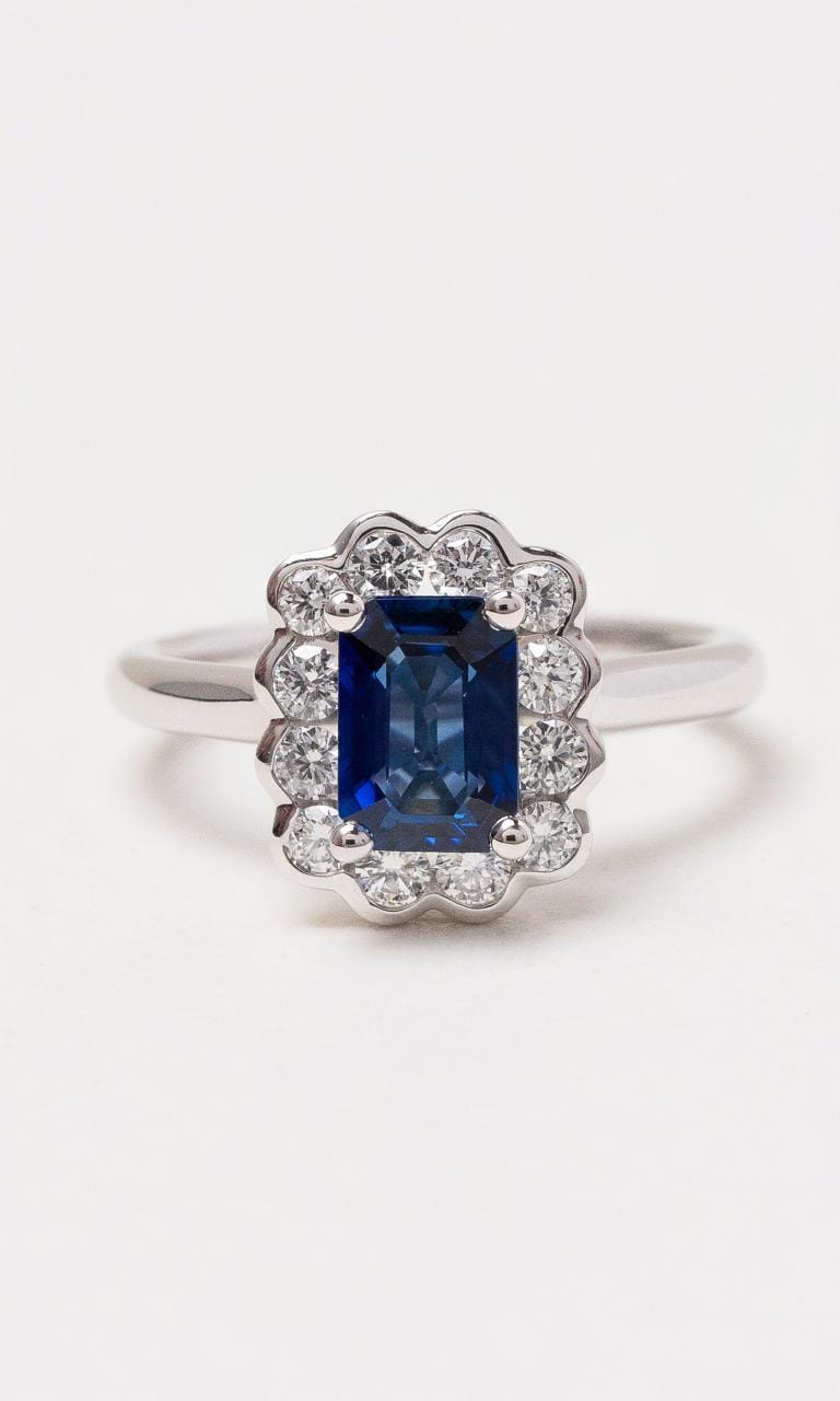 Hogans Family Jewellers Platinum Emerald Cut Sapphire Halo Style Ring