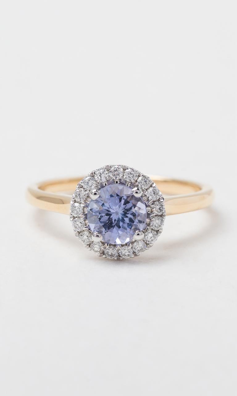 18K YWG Round Brilliant Cut Tanzanite Halo Dress Ring