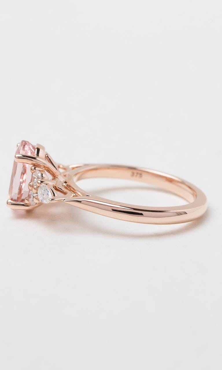 9K RG Oval Cut Morganite Tri-Cluster Trilogy Dress Ring