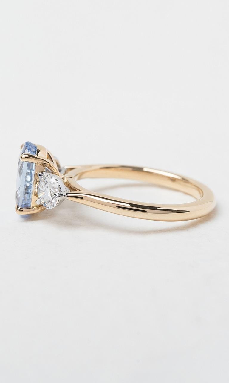 18K YWG Oval Cut Ceylon Sapphire Trilogy Ring